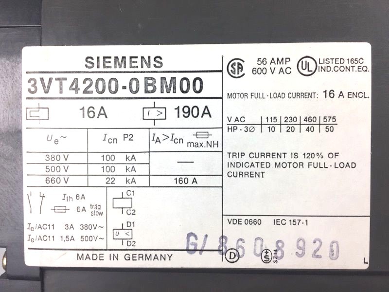 Siemens 3VT4200-0BM00 Circuit Breaker 3 Pole 16 Amps 600V – New