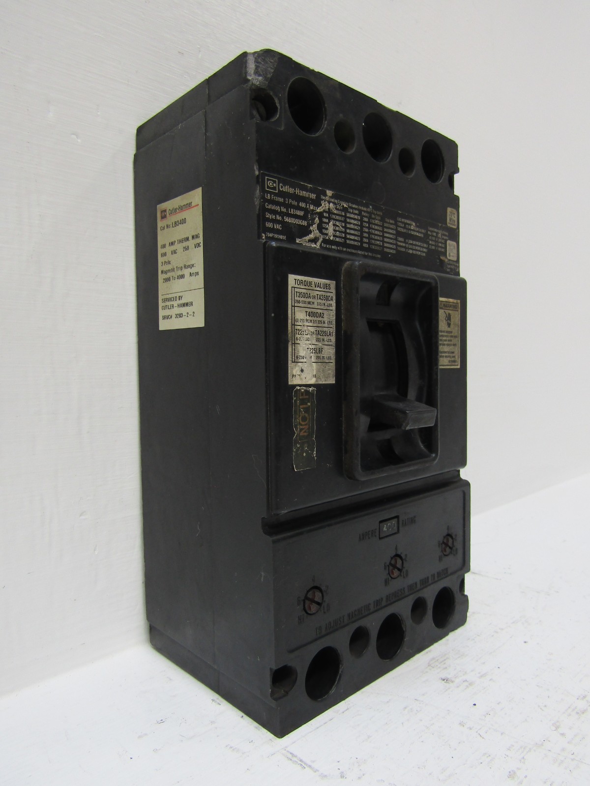 Cutler Hammer LB3400 400 Amp 600V 3-Pole Breaker 400A Trip 3P 250VDC Chipped