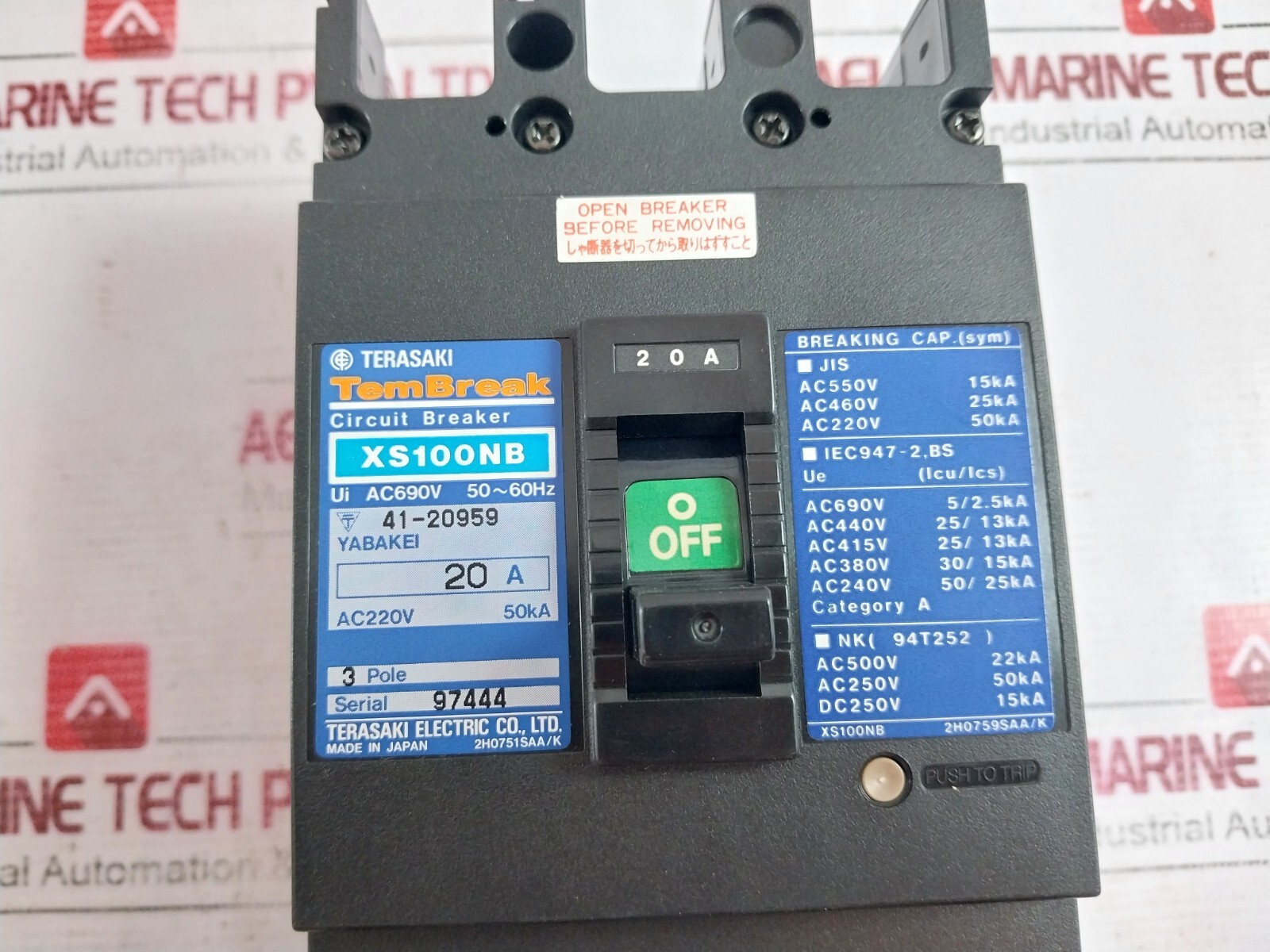 Terasaki Electric XS100NB 3 Pole Circuit Breaker UI AC690V AC220V 50KA