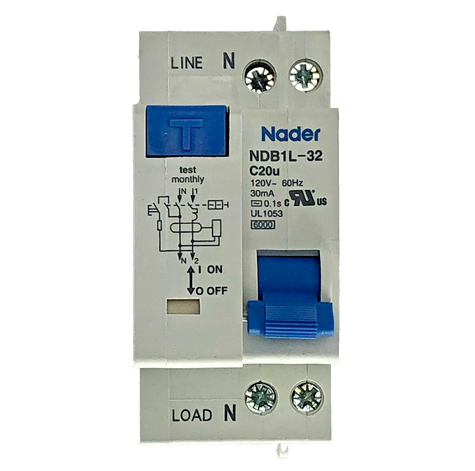Nader NDB1L-32 Circuit Breaker DIN Rail Mount 32A 120V AC 1 Pole + Neutral Pole