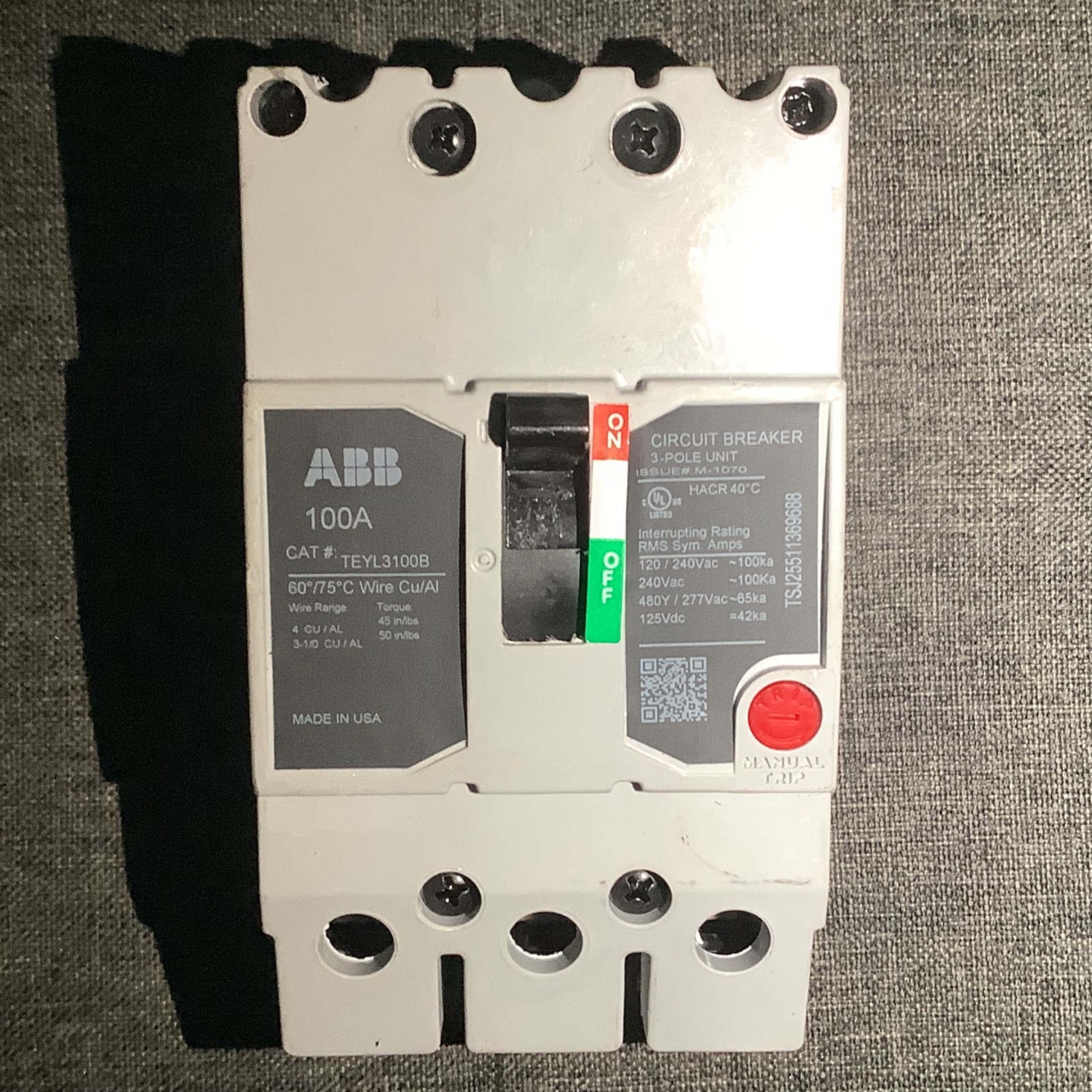 ABB GENERAL ELECTRIC TEYL3100B 3pole 100a 65ka @480v bolt on NEW