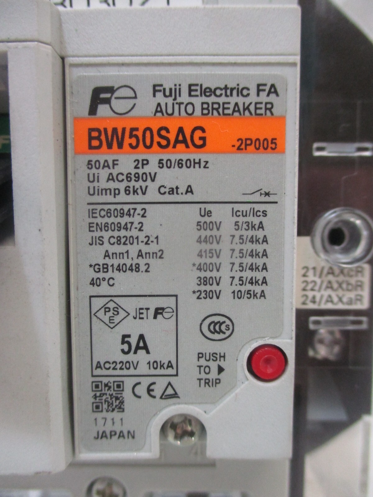 Fuji Electric BW50SAG-2P005 5 Amp FA Auto Breaker 2-Pole 5A 690VAC