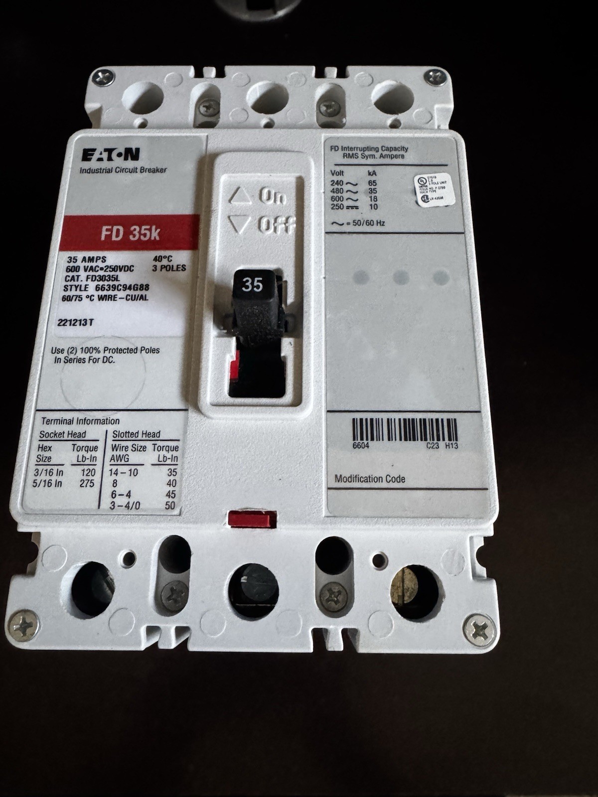 EATON FD3035L BREAKER 3POLE 35A 600V 35KAIC 480V NEW IN BOX READY TO SHIP