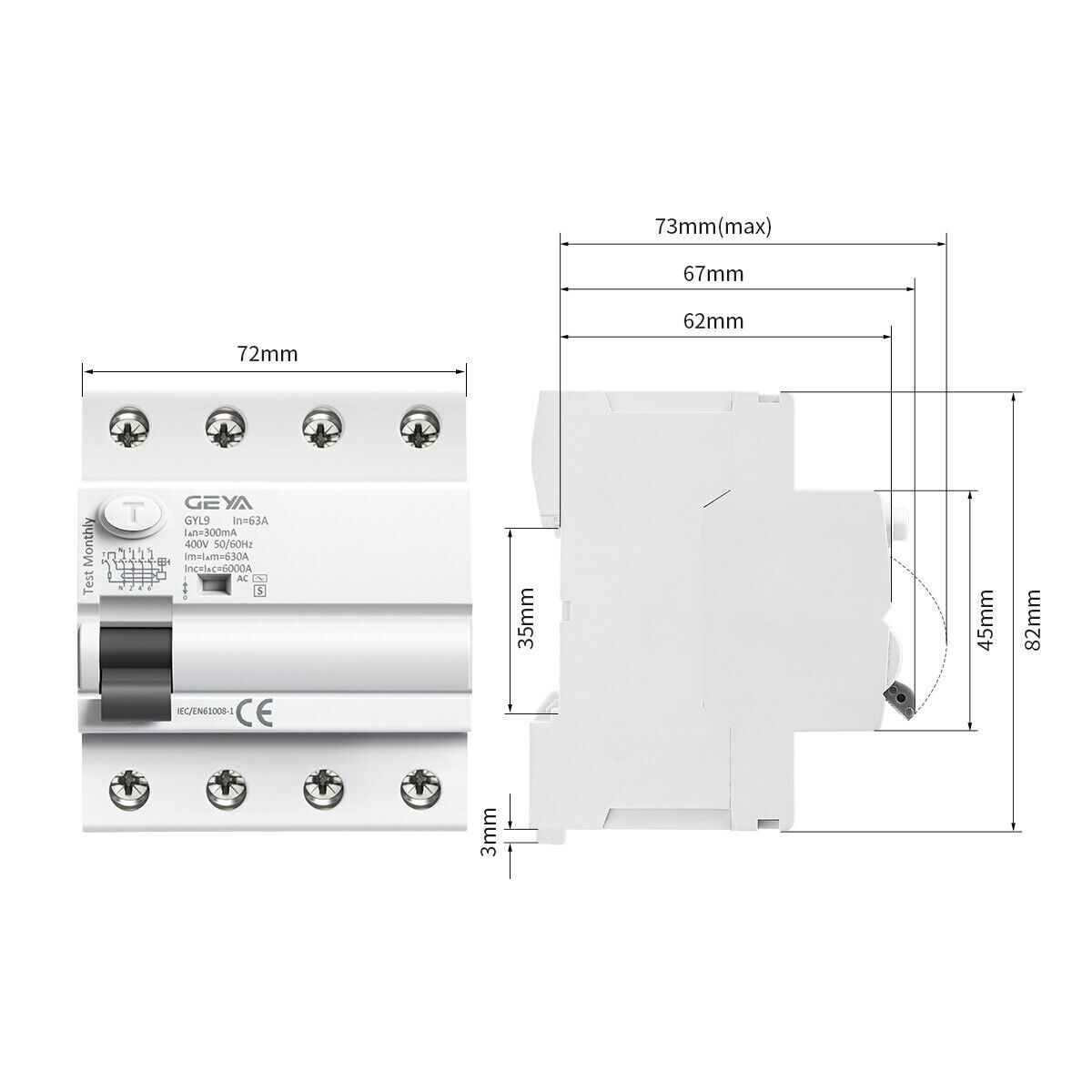 GEYA ELCB Circuit Breaker 2/4 Pole 25/40/63/80/100Amp 30/100/300mA AC-Type RCCB