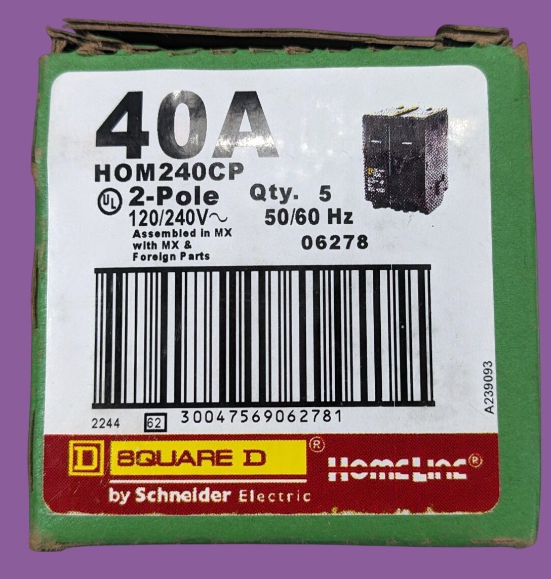 Square D Homeline 40A 2-Pole Circuit Breakers 120/240V 50/60Hz 5 Pack