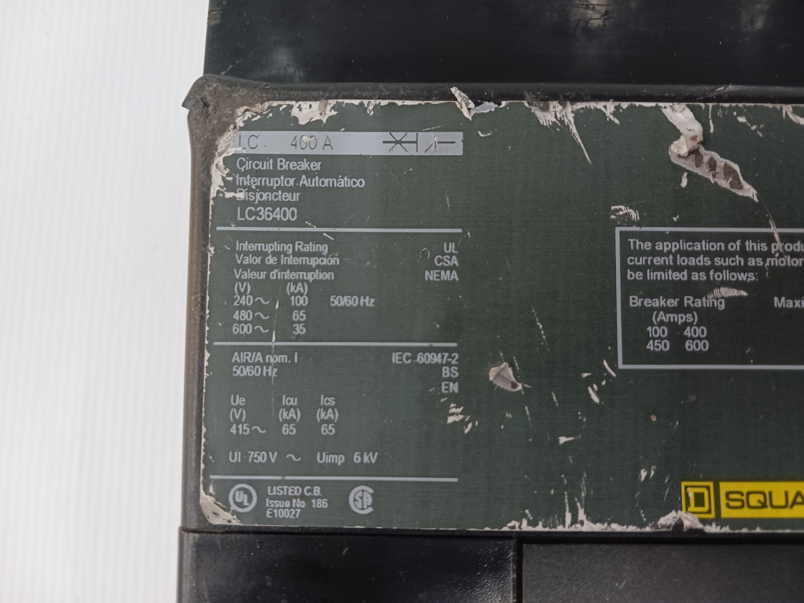 Square D 400 Amp I-Line Circuit Breaker 3 Pole 600 VAC 65kA LC36400 (Flaw)