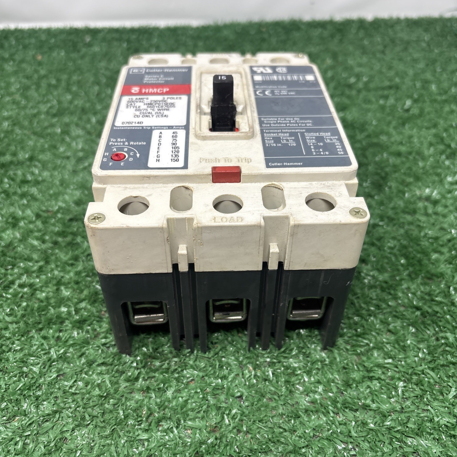 Used EATON /Cutler Hammer HMCP015EOC 15 Amp 600 Volt 3 Pole Circuit Breaker