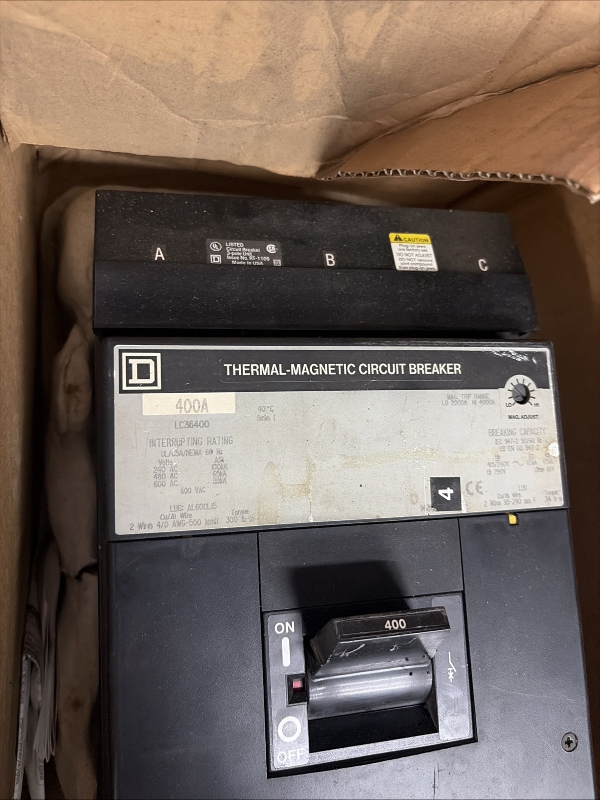 Square D LC36400 400 Amp 3 Pole 600 VAC Type LC I-Line Breaker (Please READ)