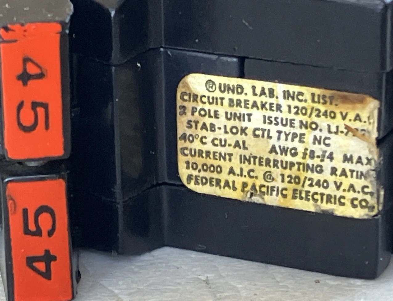 Federal Pacific NC245 Stab Lok Circuit Breaker 45A 2P THIN NC 45 Amp Red Handle