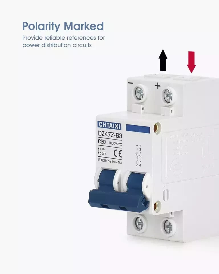 DC Miniature Circuit Breaker, 2 Pole 500V 20 Amp Isolator for Solar PV System,