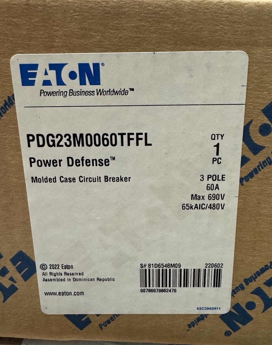 PDG23M0060TFFL EATON 60 Amp 600V 65kA@480V 3 Pole Bolt On Circuit Breaker New