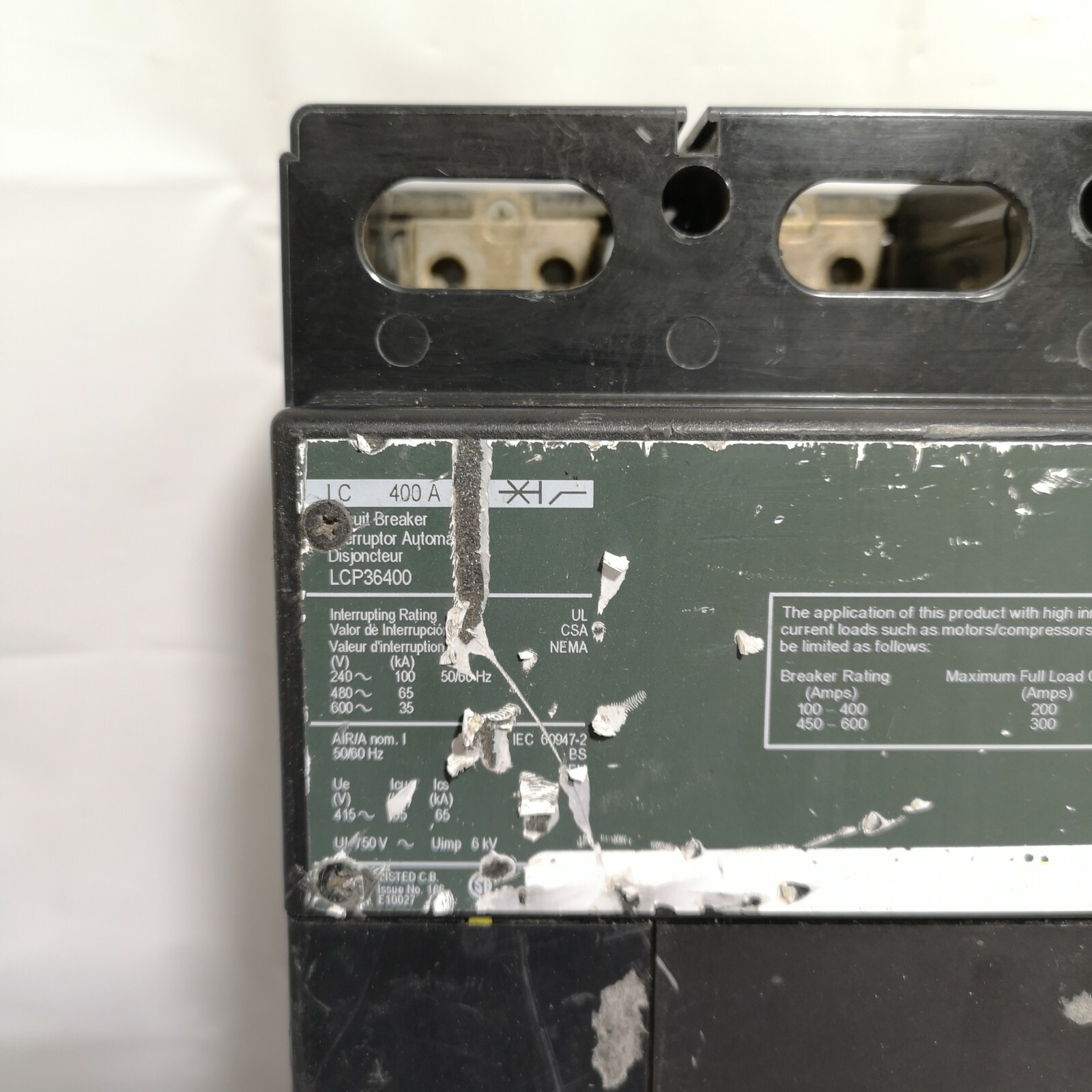 SQUARE D LC36400 3-P 400A 600V I-LINE CIRCUIT BREAKER.