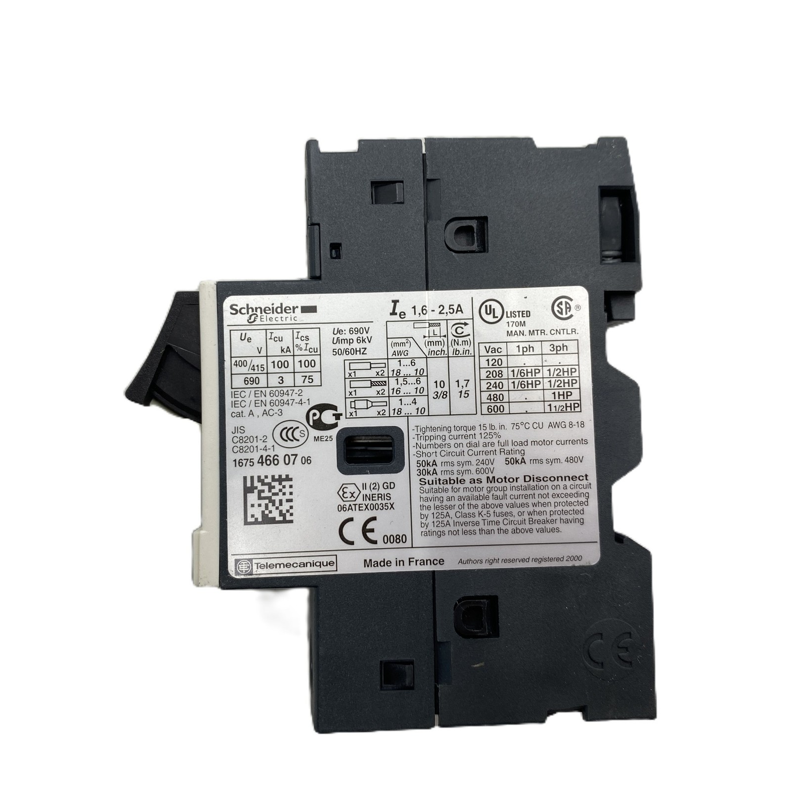 Schneider GV2ME07 1.6-2.5A 3-Pole Manual Motor Starter Circuit Breaker NEW