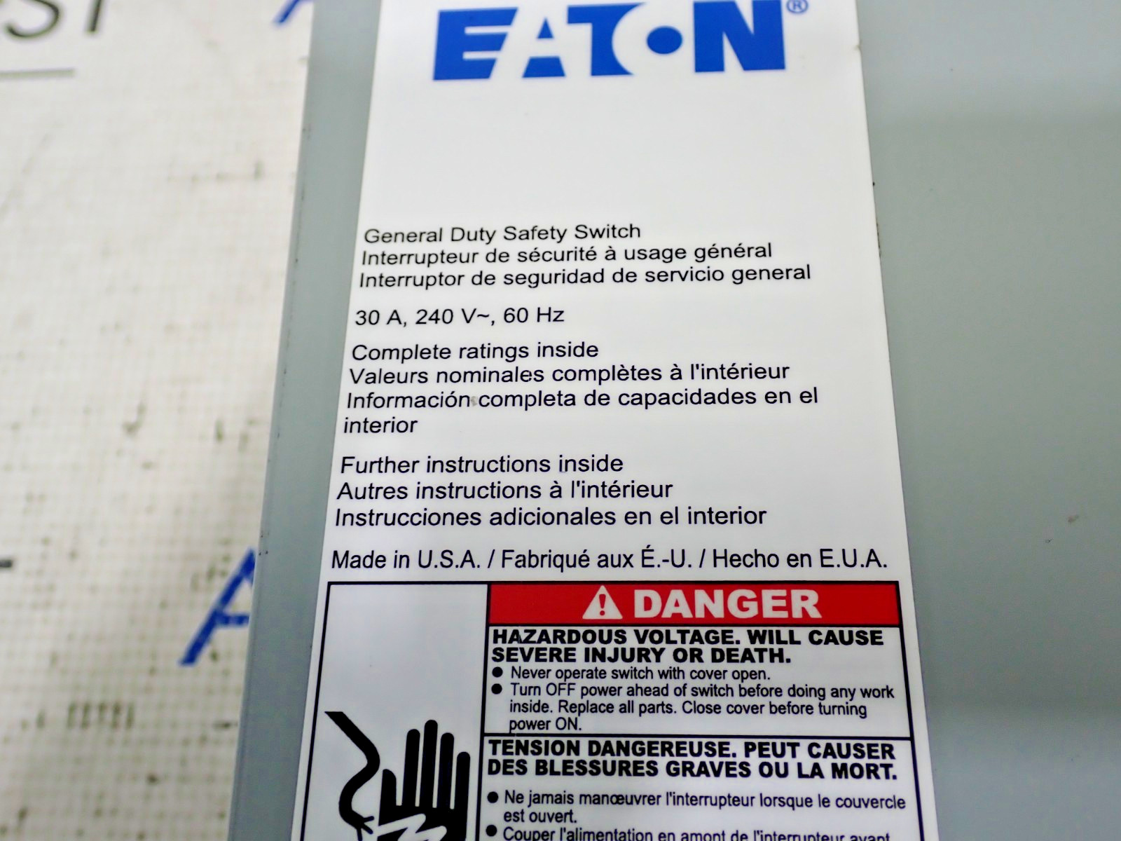 Eaton DG321NGB Disconnect Fusible 30 Amp 240V NEMA 1 Tested D890