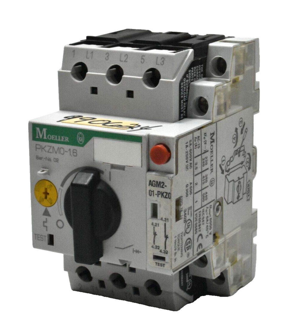 Moeller PKZM0-1.6 Circuit Breaker 1.0-1.6A w/ AGM2-01-PKZ0 Trip Indicator Switch
