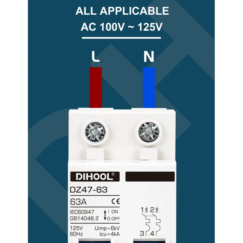 AC Miniature Circuit Breaker, 2 Pole 63 Amp 110V Disconnect Switch DZ47-63