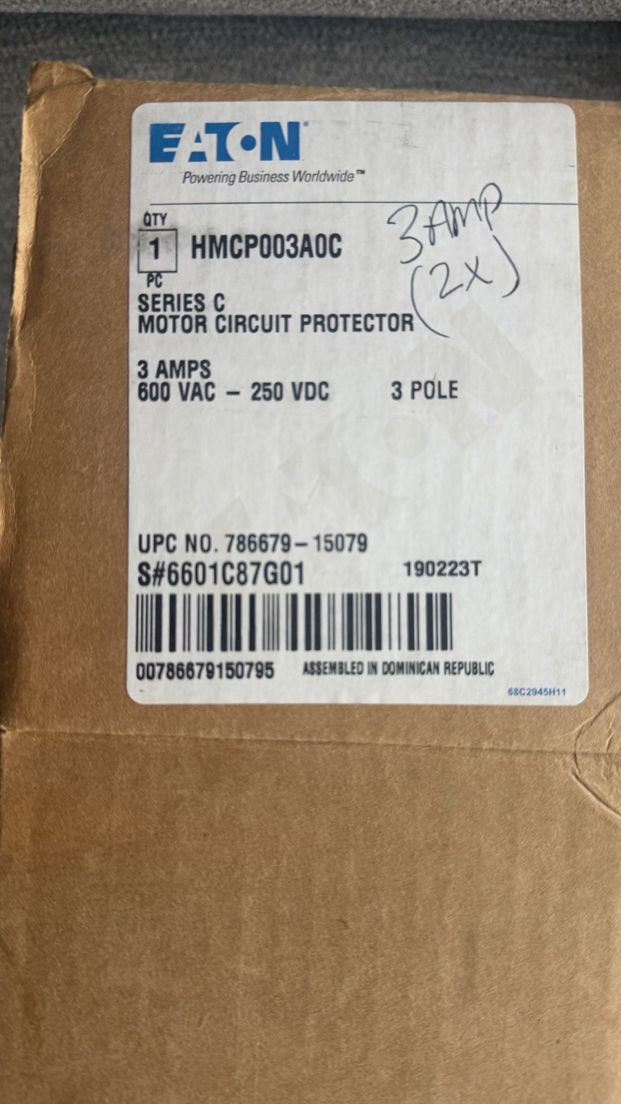 NIB Eaton HMCP HMCP003A0C 3A 3-Pole 600VAC/250VDC Motor Circuit Protector