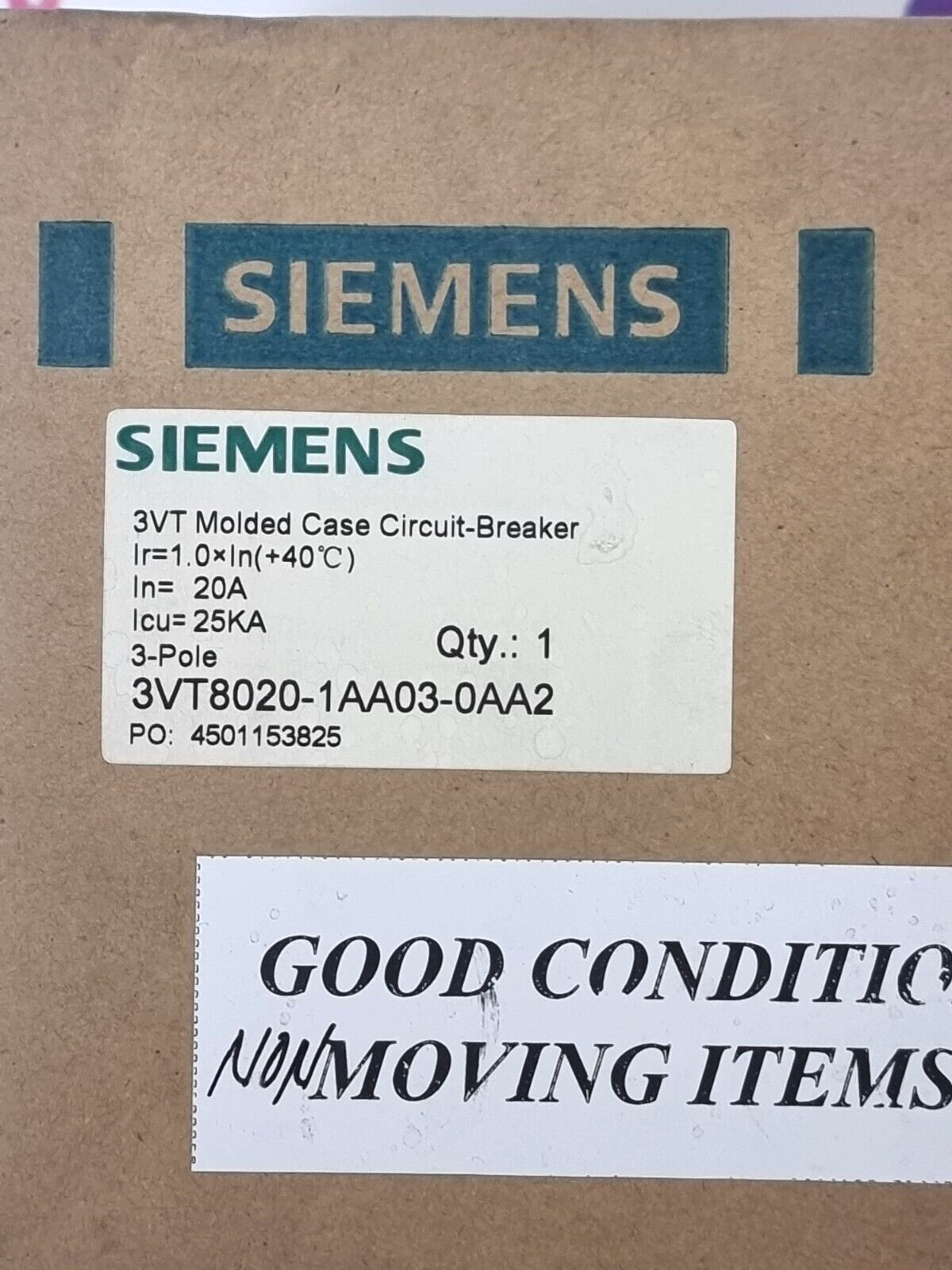 SIEMENS 3VT8020-1AA03-0AA2 Circuit Breaker 20A
