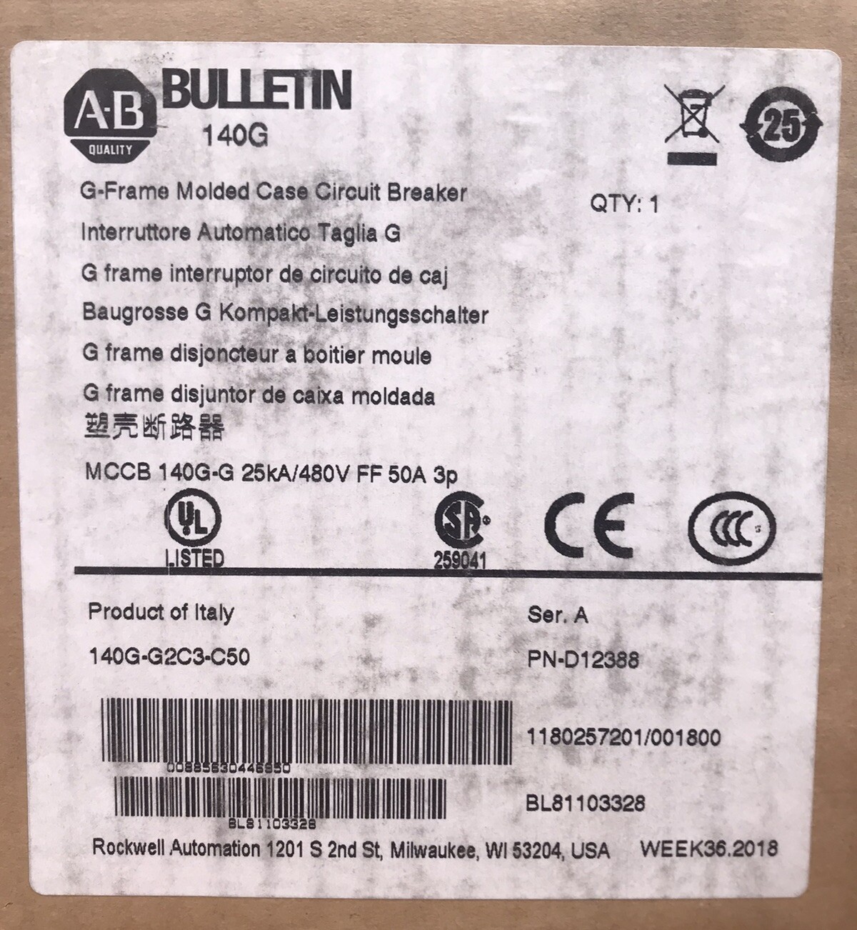 HOUSTON STOCK NEW AB 140G-G2C3-C50 TYPE 140G 50 AMP 600V FREE 2 DAY AIR SHIPPING