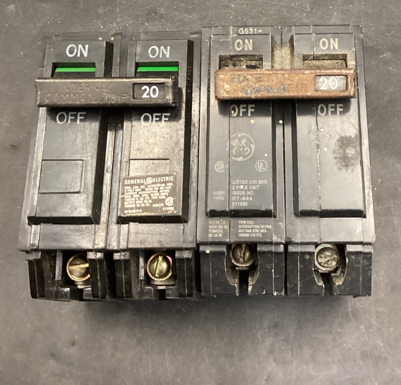 Lot Of 2 General Electric THQL2120 Circuit Breaker 2-P, 20A, 120/240V, Type THQL