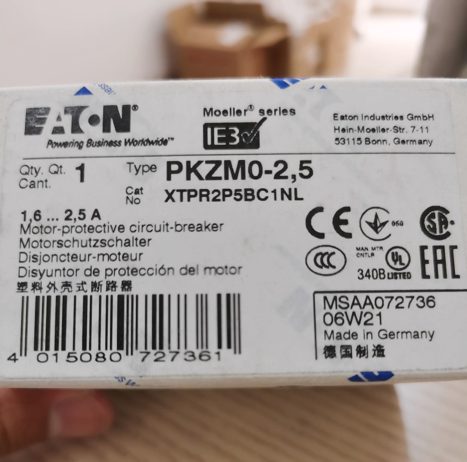 EATON PKZM0-2,5 Motor Protection Circuit Breaker
