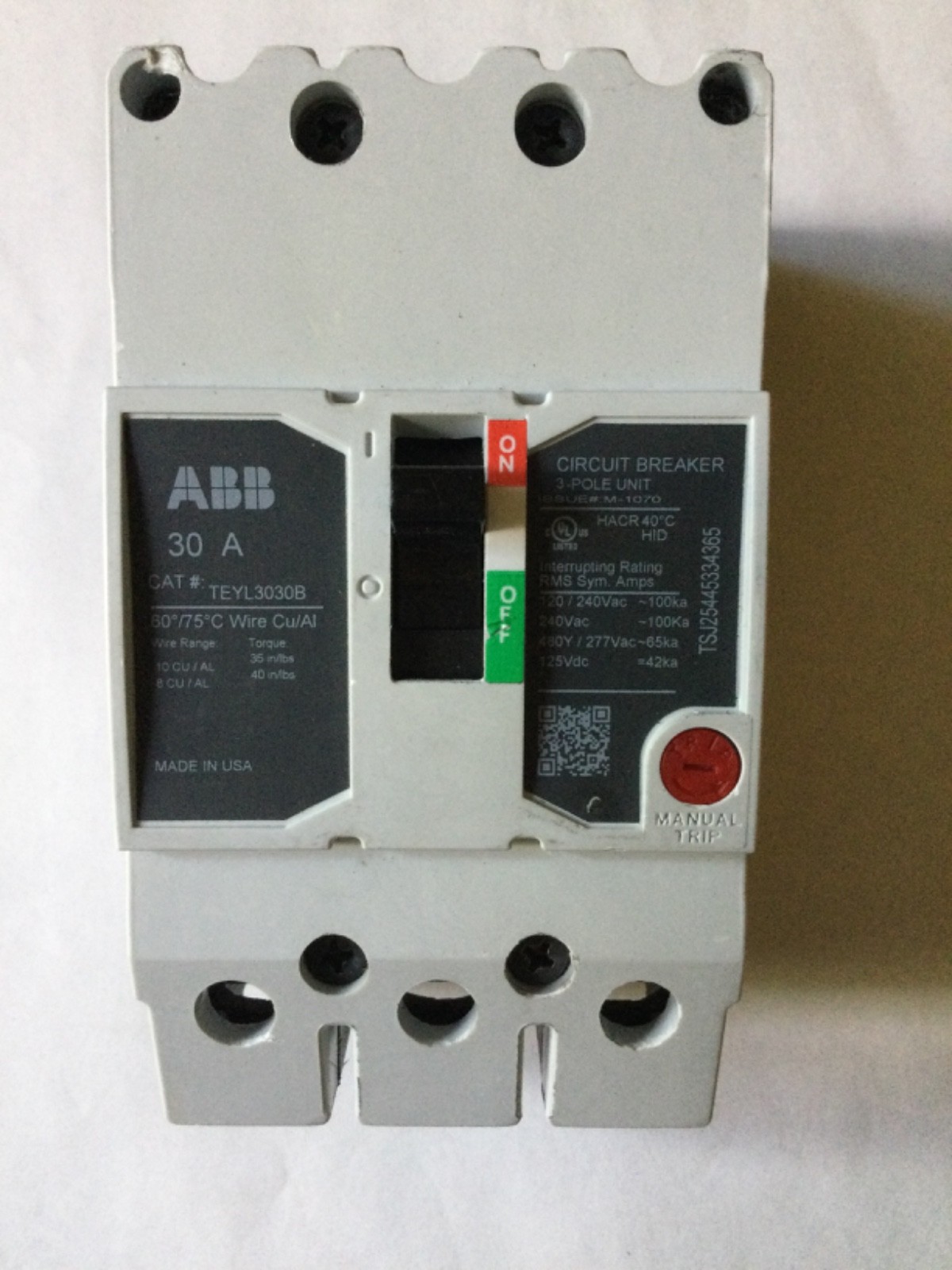GE TEYL3030B 30 Amp 3 Pole 480V Circuit Breaker 30A 3P Bolt-on 65kA