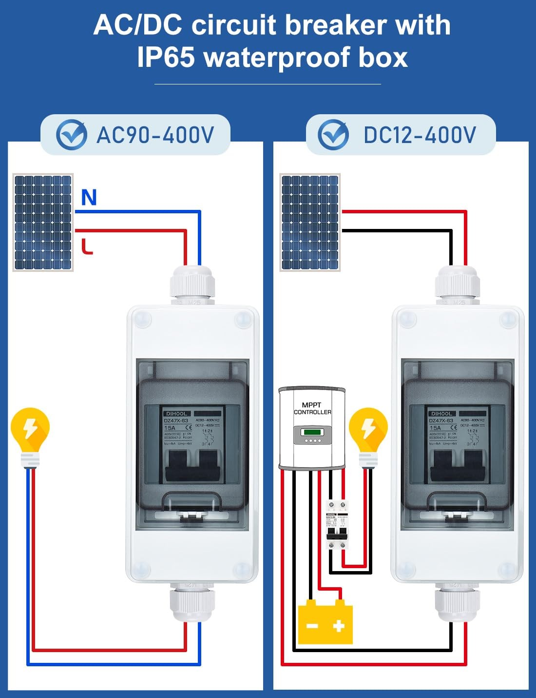 15 Amp Circuit Breaker Box PV Disconnect Switch Solar Isolator 400V DC