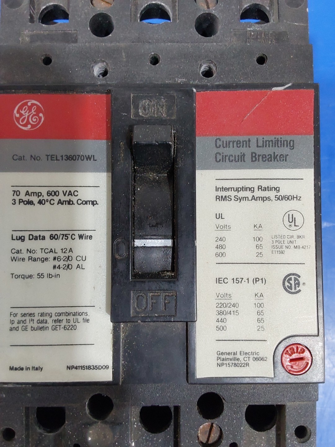 G.E TEL136070WL 70A Circuit Breaker 480/600V 3 Pole 70 Amp