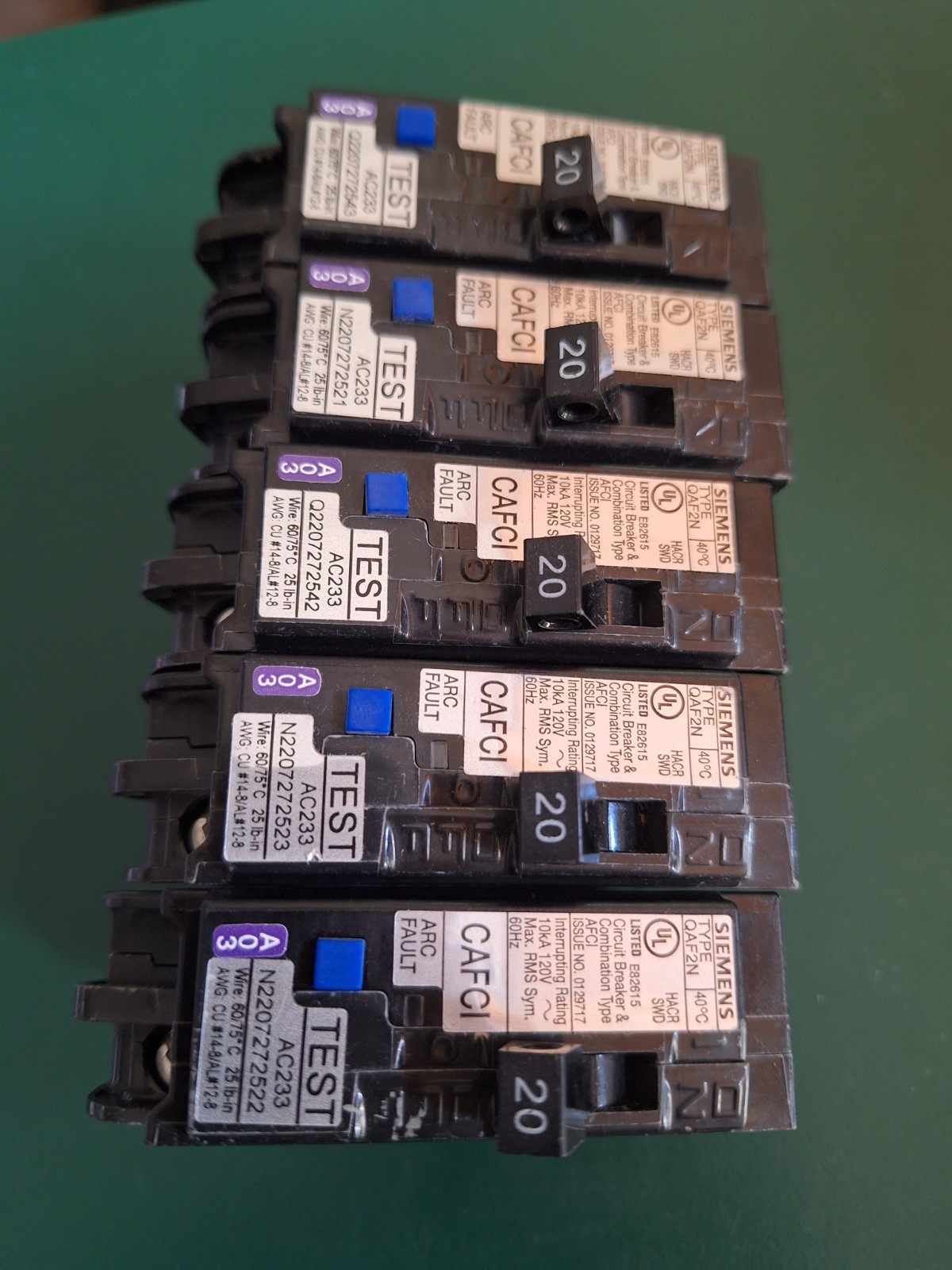 Lot Of 5 Siemens QA120AFCN 1 Pole 20 Amp combination Type Arc Fault Circut AFCI