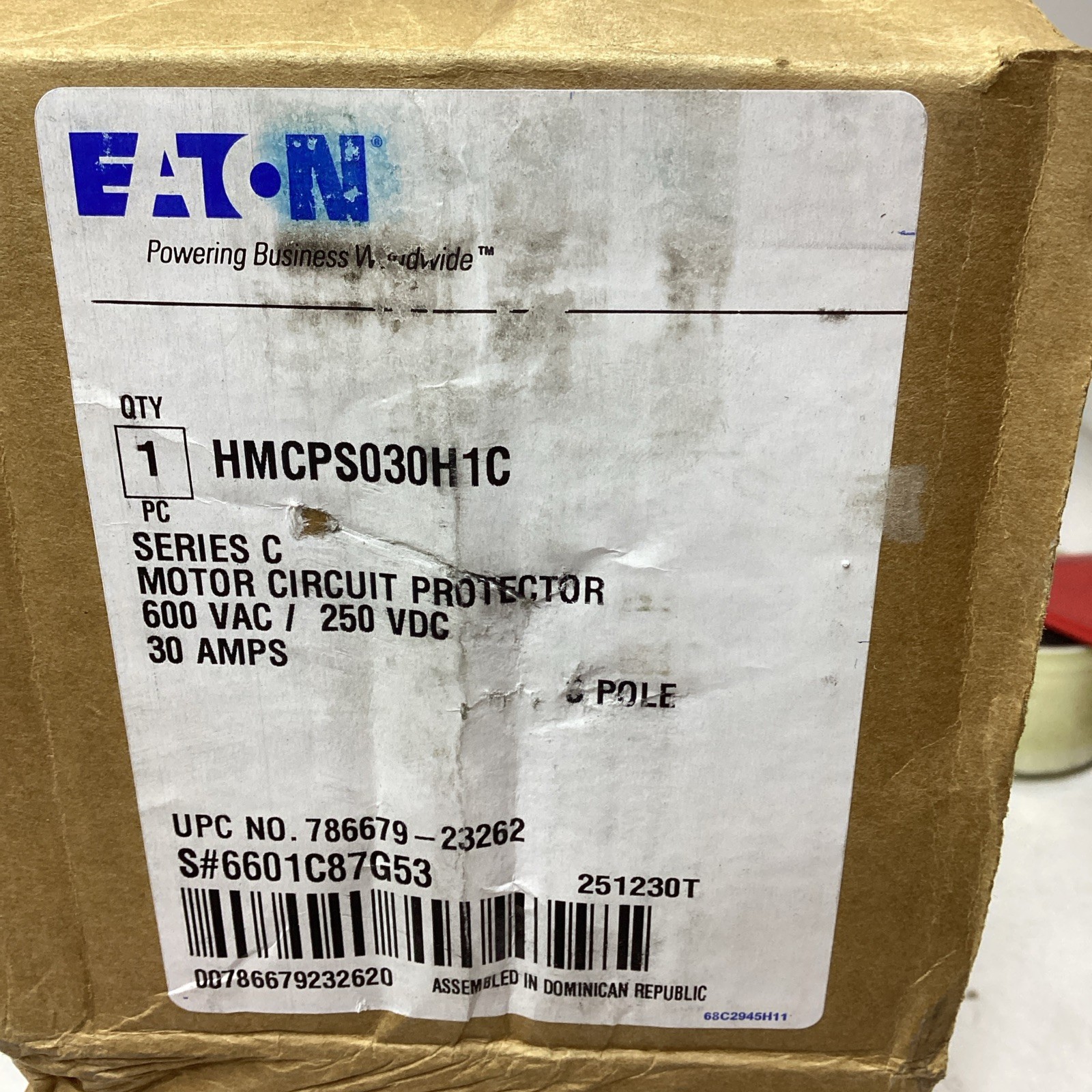Eaton HMCPS030H1C Molded Case Circuit Breaker Feed Thru 30Amp 3 Pole 600 Vault