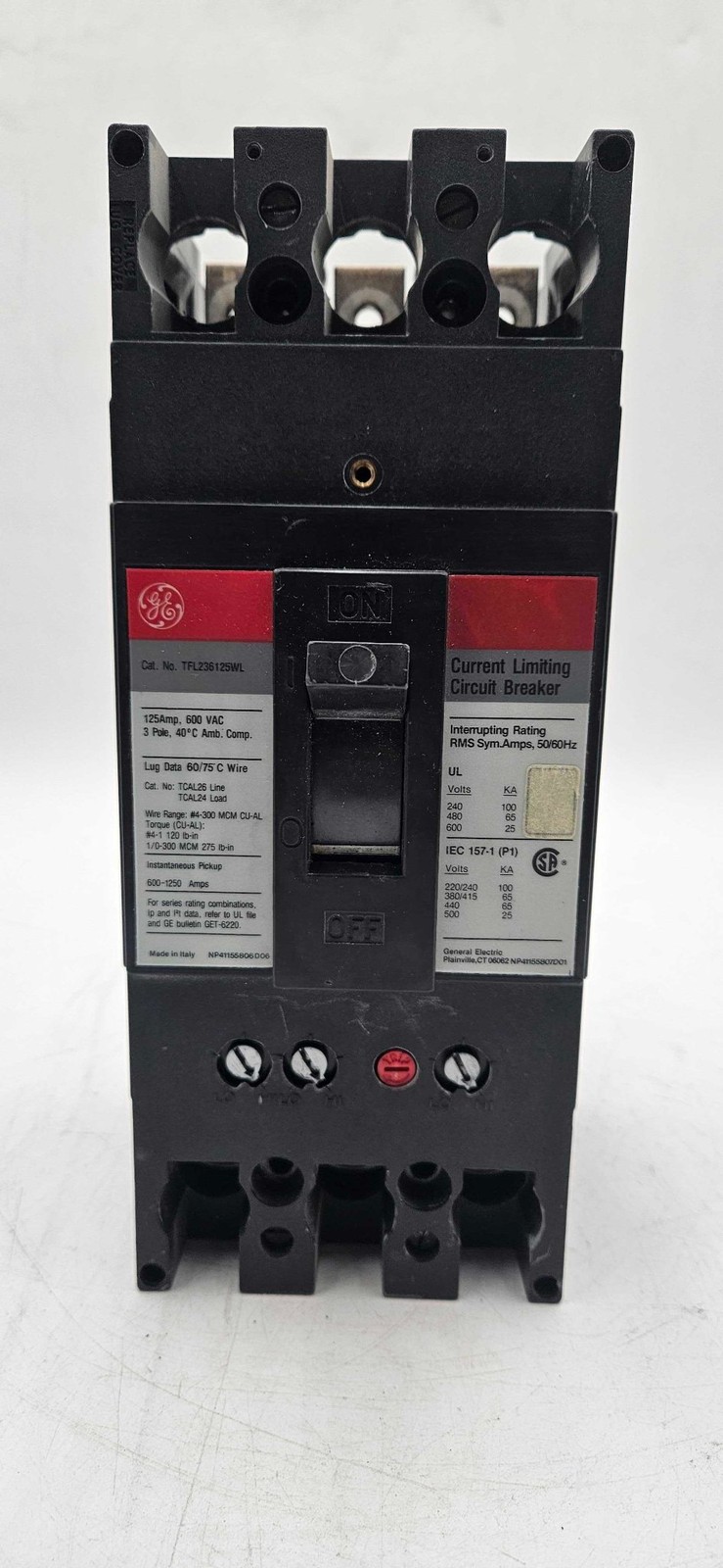 GE TFL236125WL Circuit Breaker 125A 3P 600V 3PH TFL 125 Amp 3 Pole