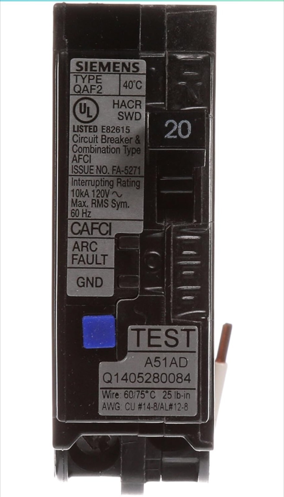 Circuit Breaker Siemens QA120AFC 20 Amp 1 Pole 120V AFCI