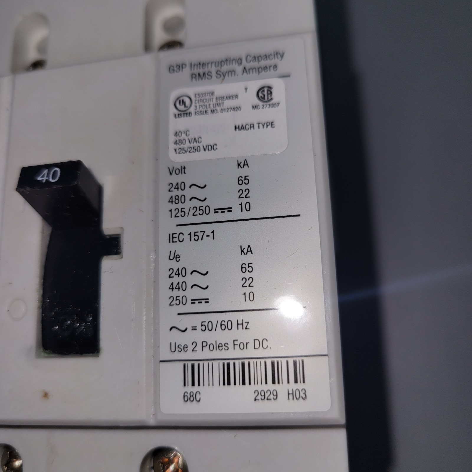 Automation Direct Circuit Breaker G3P-040 3 Pole 40A 480VAC (B610)