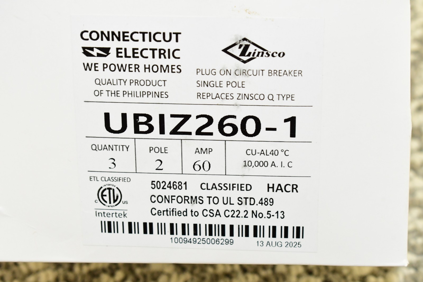 UBIZ Thick 60 Amp 1-1/2 in. 2-Pole Zinsco Type QC60 Replacement Circuit – NEW