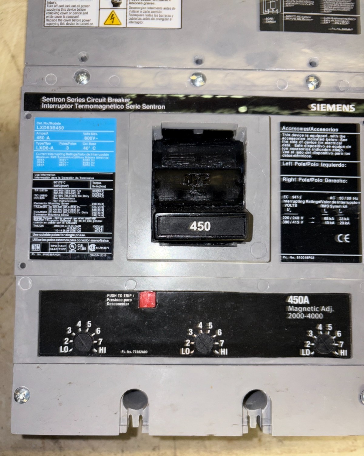 Siemens LXD63B450 Circuit Breaker – 450 Amp, 600 VAC, 3 Pole 🇺🇸