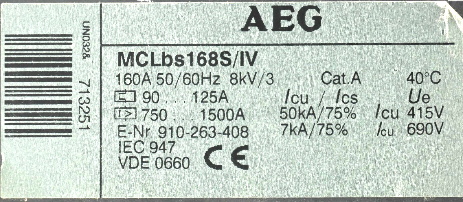 AEG MCLBS168S/IV MCL168S/IV CIRCUIT BREAKER ENR910-263-408 90…125A 750…1500A
