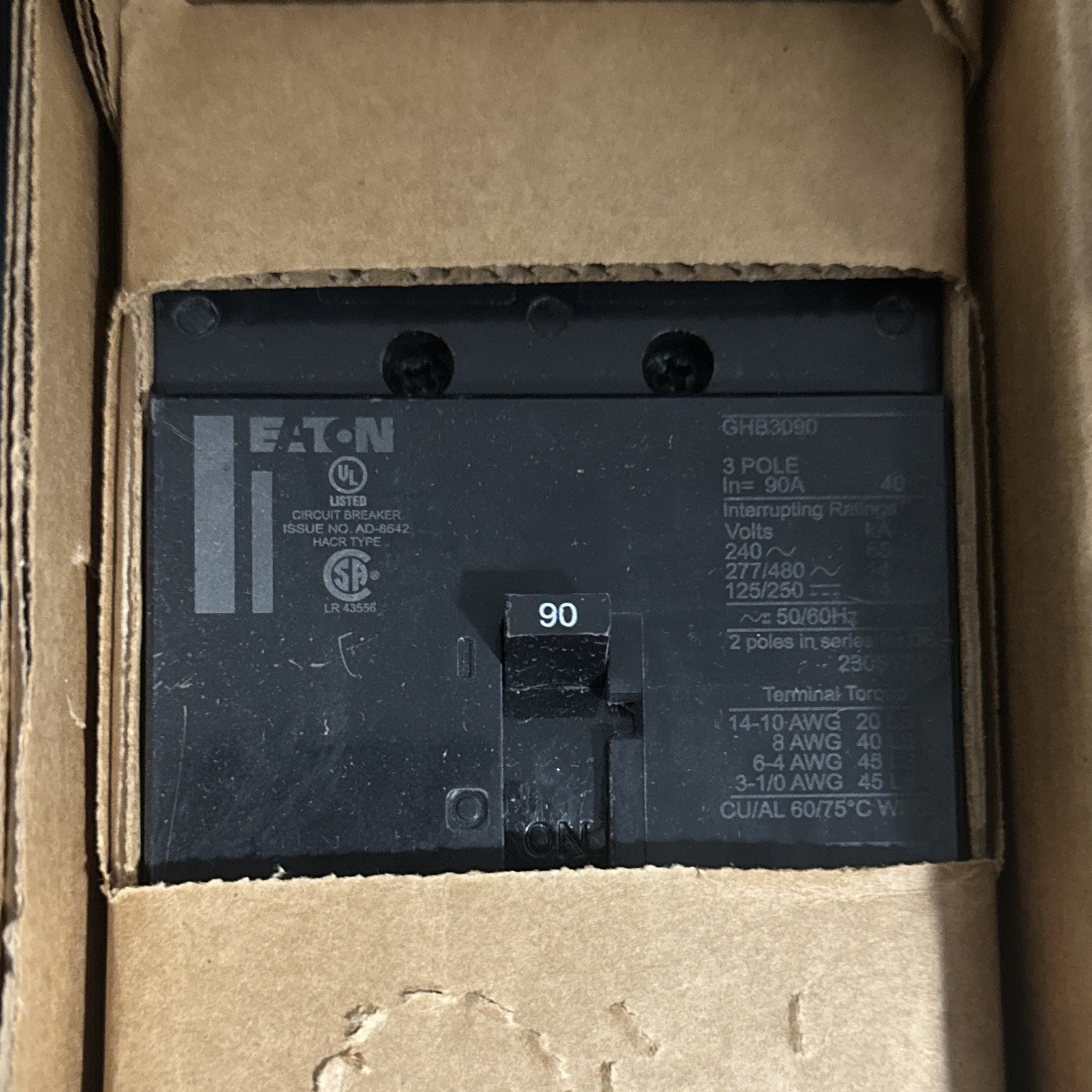 Eaton GHB3090 GHB 90A 3-Pole 277/480VAC Bolt-On Circuit Breaker