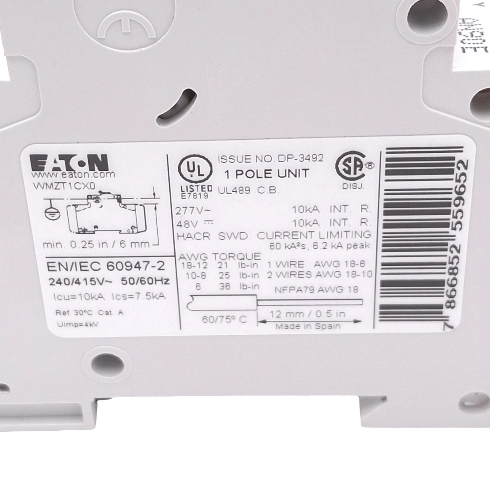 Eaton WMZT1CX0 Circuit Breaker, 1-Pole 0.5A, 48VDC 277VAC Max, DIN Rail