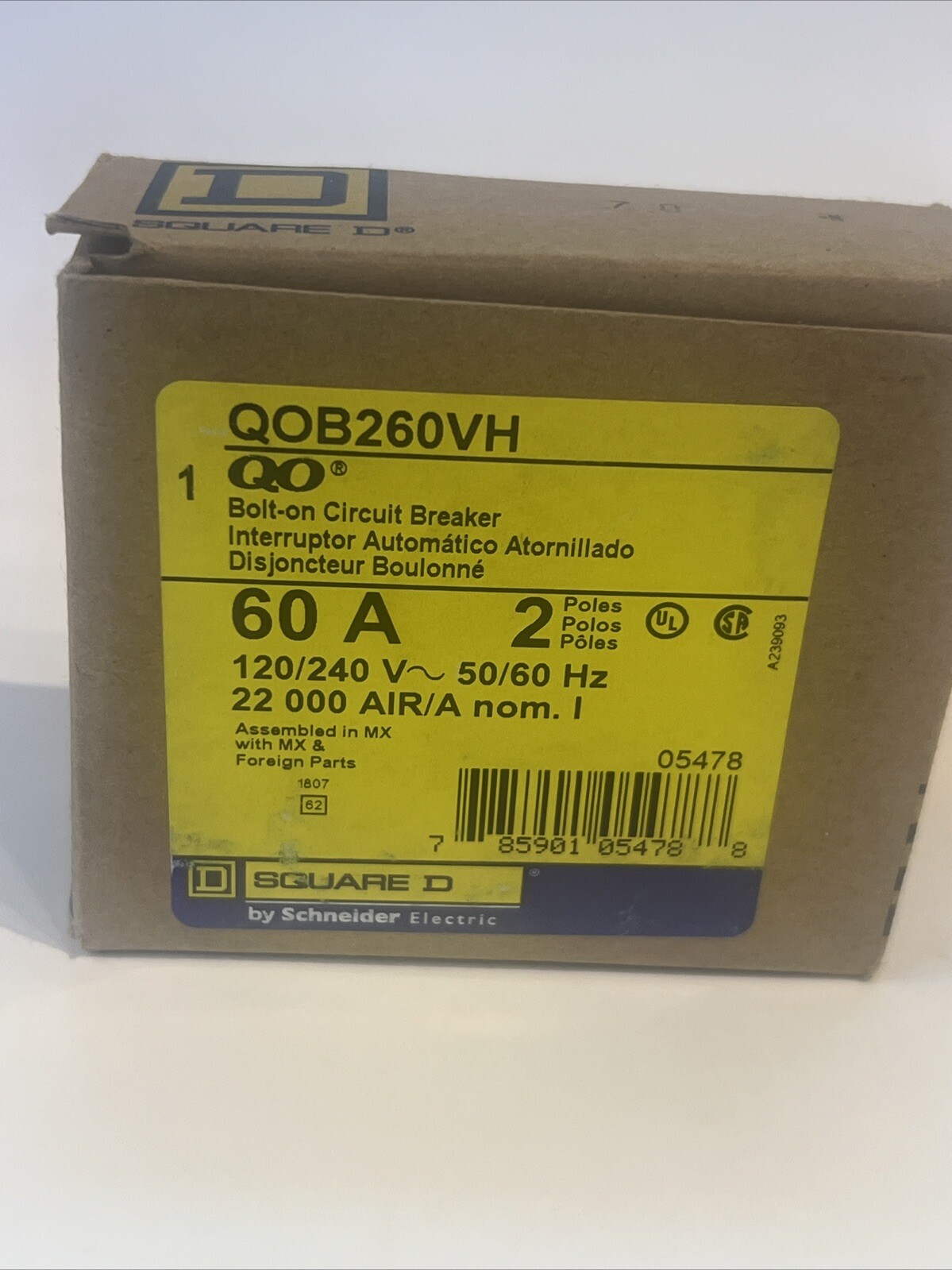 Square D QOB260VH 60A 2 Pole 120/240V, 50/60Hz , 22Ka . New & Free Shipping