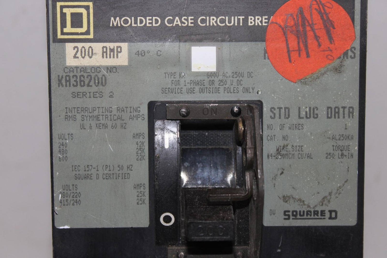 SQUARE D I-LINE CIRCUIT BREAKER KA36200 200 AMP 600 VAC 3-POLE