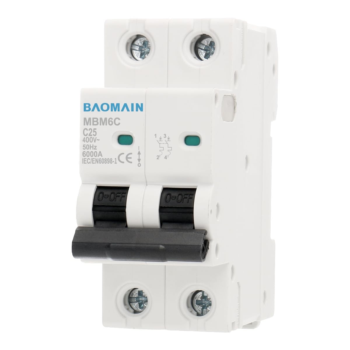 C25 25A 2 Pole Miniature Circuit Breaker AC 400V 50Hz DIN Rail Mounting