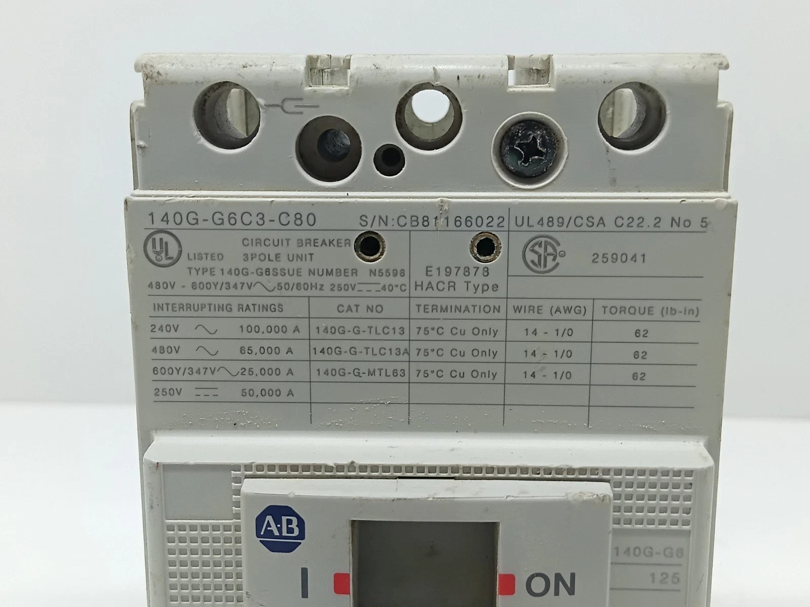 USED ALLEN BRADLEY 140G-G6C3-C80A SER A.CIRCUIT BREAKER 3 POLE 80 AMPS / LOT OF3