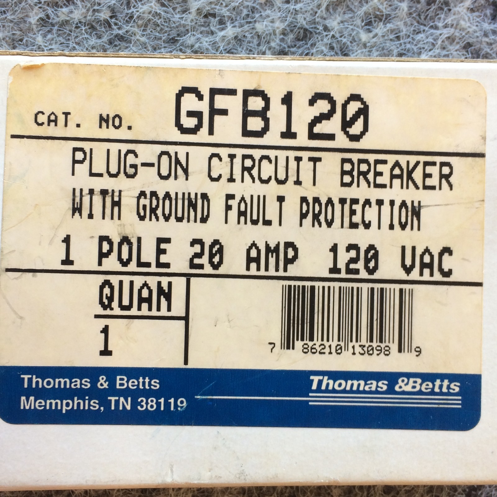 NEW Thomas & Betts GFB120 Circuit Breaker, 20A, Single Phase, 1-Pole