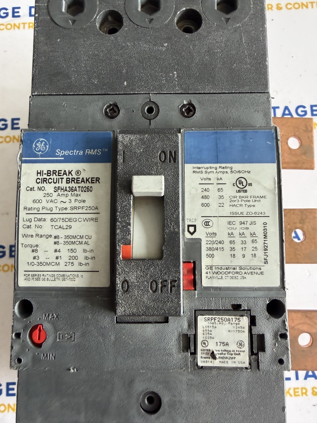 GE SFHA36AT0250 250A 600V 3P Circuit Breaker 225A Rating Plug W/ Mounting Kit