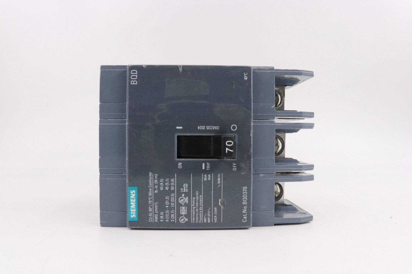 SIEMENS BQD370 70A 3-POLE CIRCUIT BREAKER, 14KA/480Y/277V, 65KA/240V