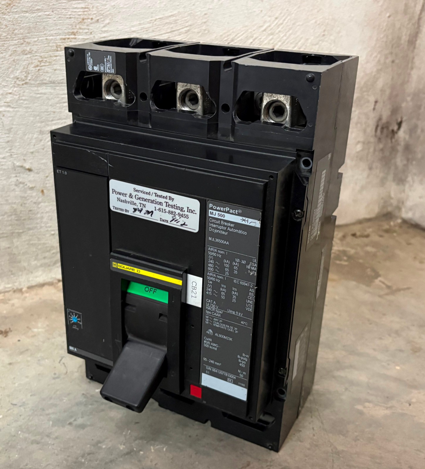Square D MJL36500AA MJ 500 Amp PowerPact Circuit Breaker 500A MJL36500 600V 3P