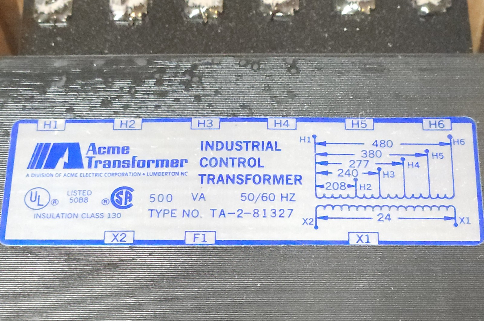 ACME TRANSFORMER TA 2 81327 Primary 208480 VAC Secondary 24 Volt 500 VA Single