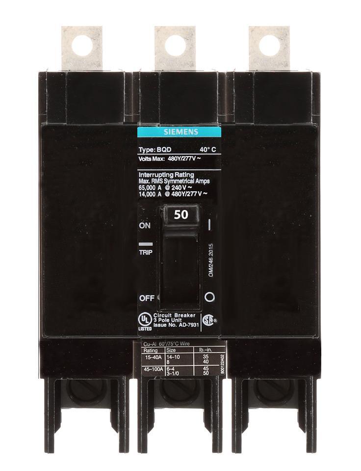 BQD350 – Siemens 50 Amp 3 Pole 480 Volt Bolt-On Molded Case Circuit Breaker