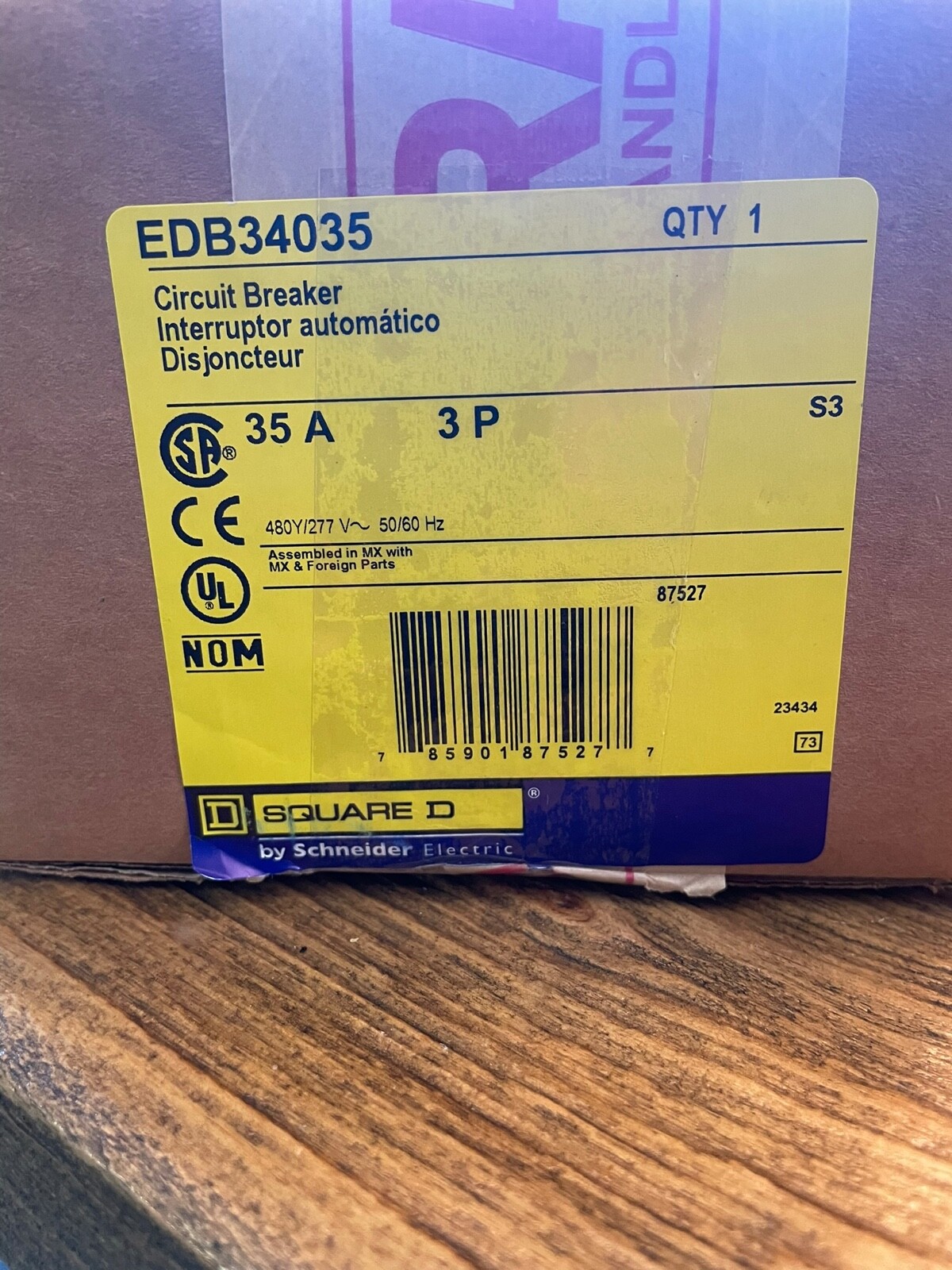 SQUARE D EDB34035 3 POLE 35 AMP 277/480V 18K AIC Bolt-On Circuit Breaker