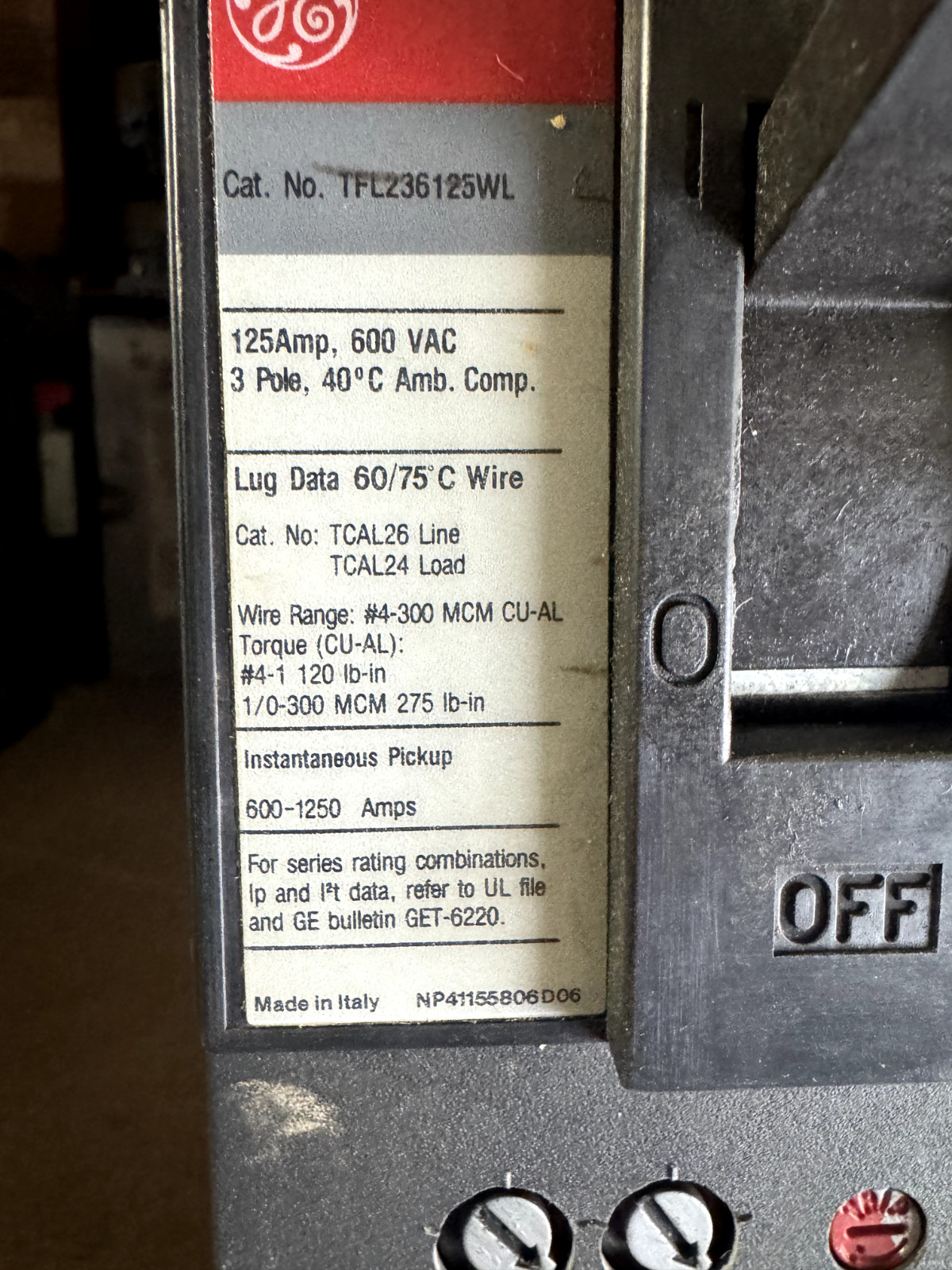 RECON GE TFL236125WL (3P-125A-600V-65K) *SHIPS SAME DAY UPS*